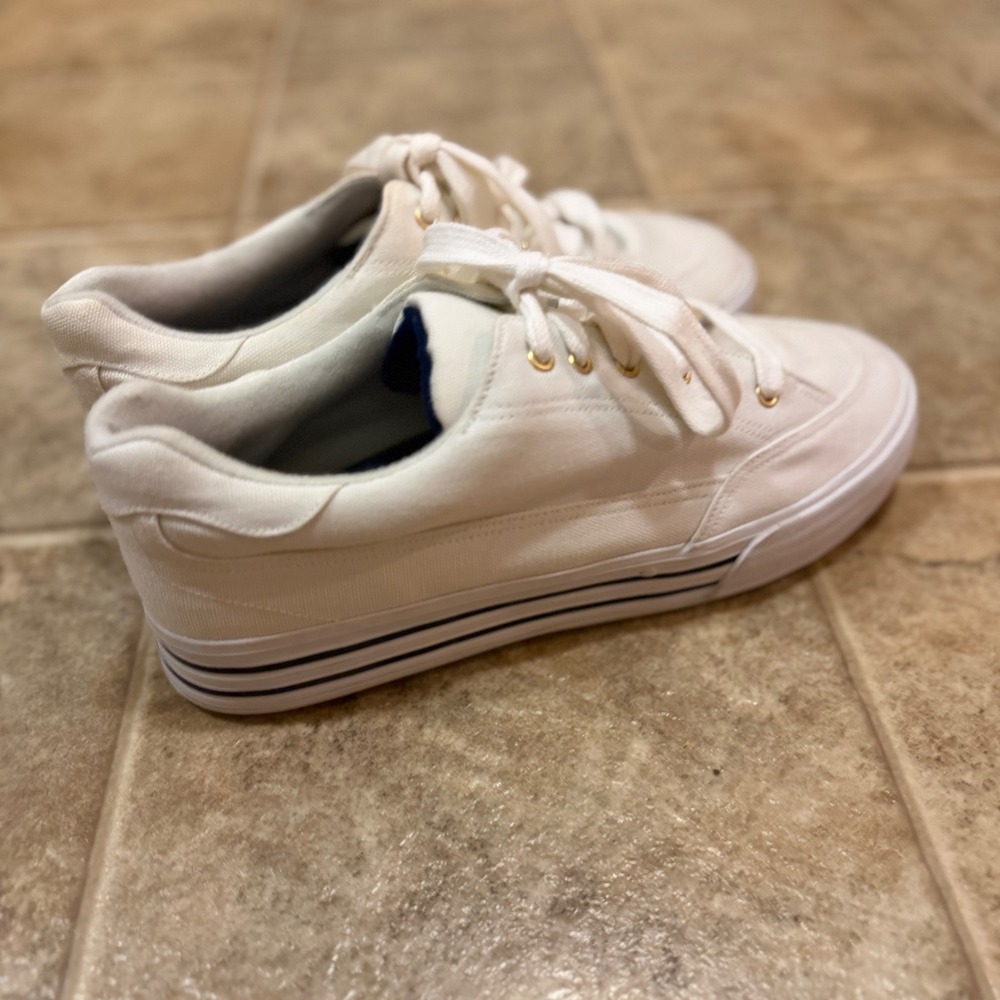White Canvas Oxford Sneakers Low Top Lace Up Navy Stripe 4241685 8.5